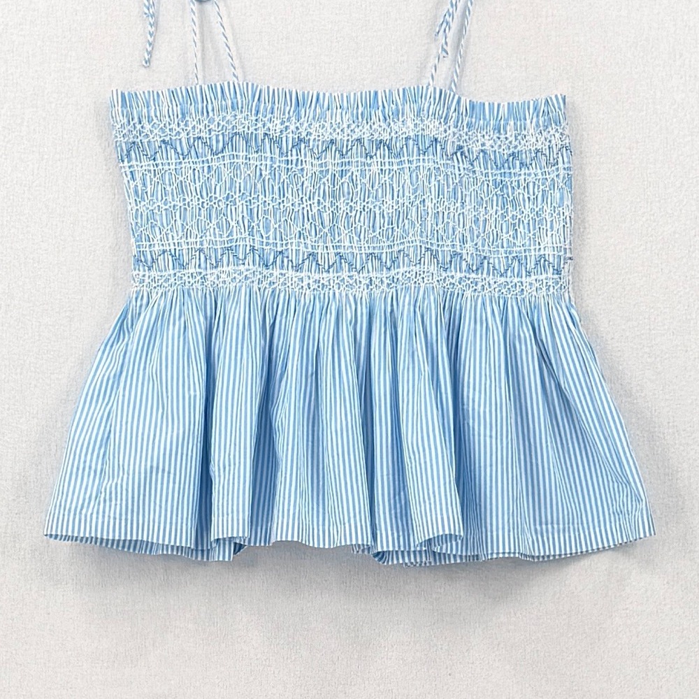 J CREW Paloma Smocked Tank Top Womens Medium Blue White Stripe Tie Shoulder NEW - Picture 10 of 15